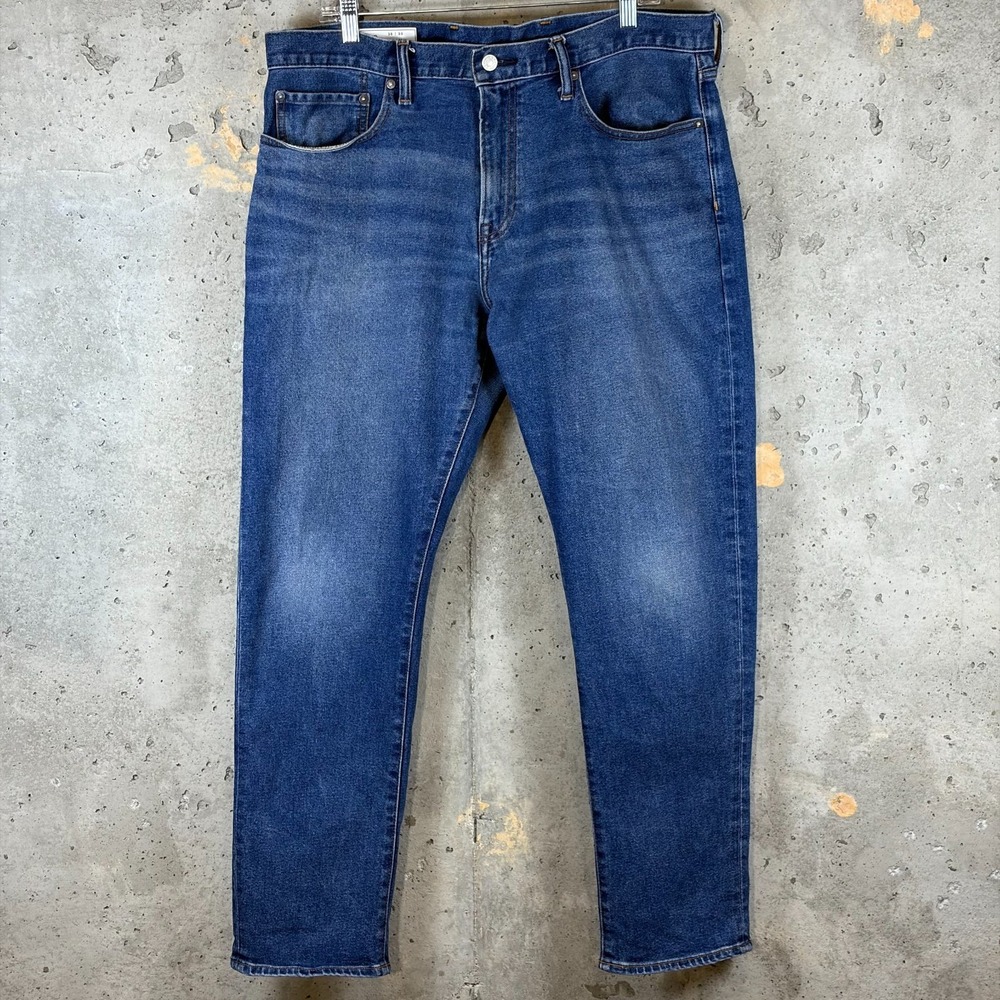 Gap 365 Temp Jeans Mens 38x30 Blue Denim Stretch Slim Fit Whiskered Tapered Leg